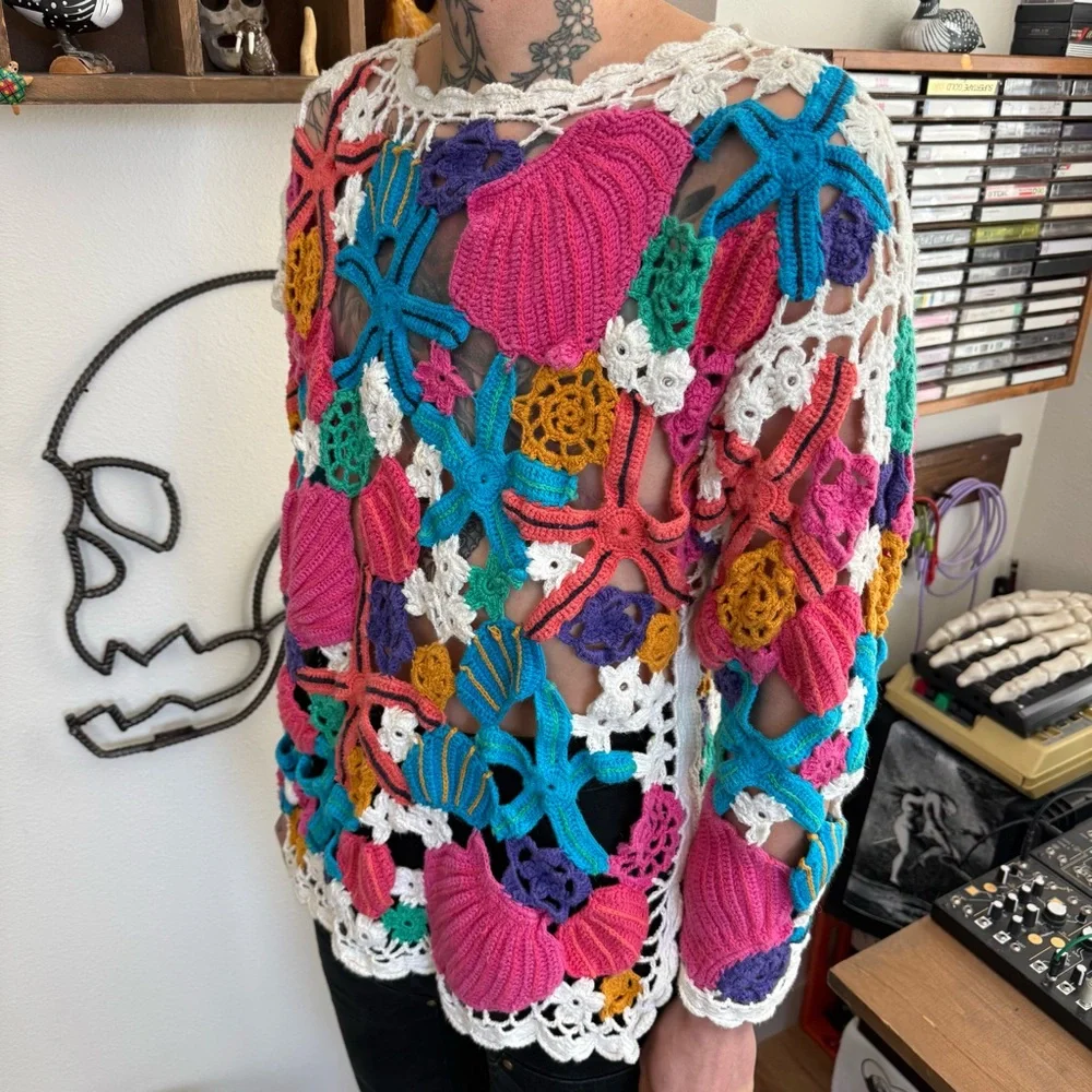 Vintage 80s Hand Crochet Coastal Beach Top by Tony Lambert ~ Size Small - Picture 3 of 7